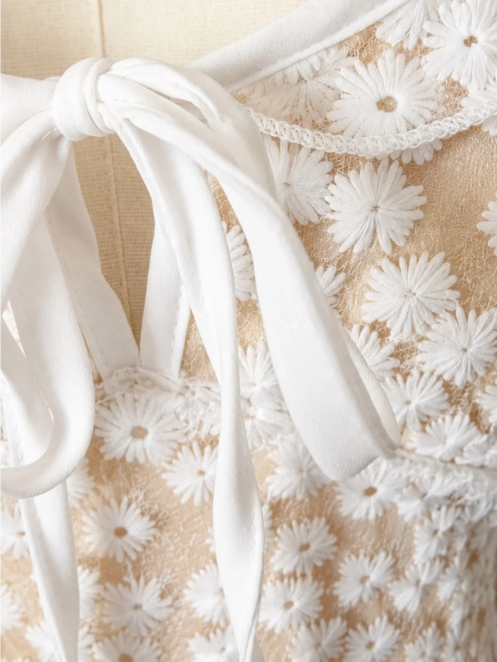 Lulu's White Daisy Lace Mini Dress Floral Embroidered Sheer Overlay Ruffe Straps - Picture 5 of 9